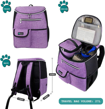 Airline Approved 27L Dog Travel Backpack with Food Containers, Collapsible Bowls, and Poop Bag Dispenser - Ideal for Weekend Road Trips and Camping, Purple
