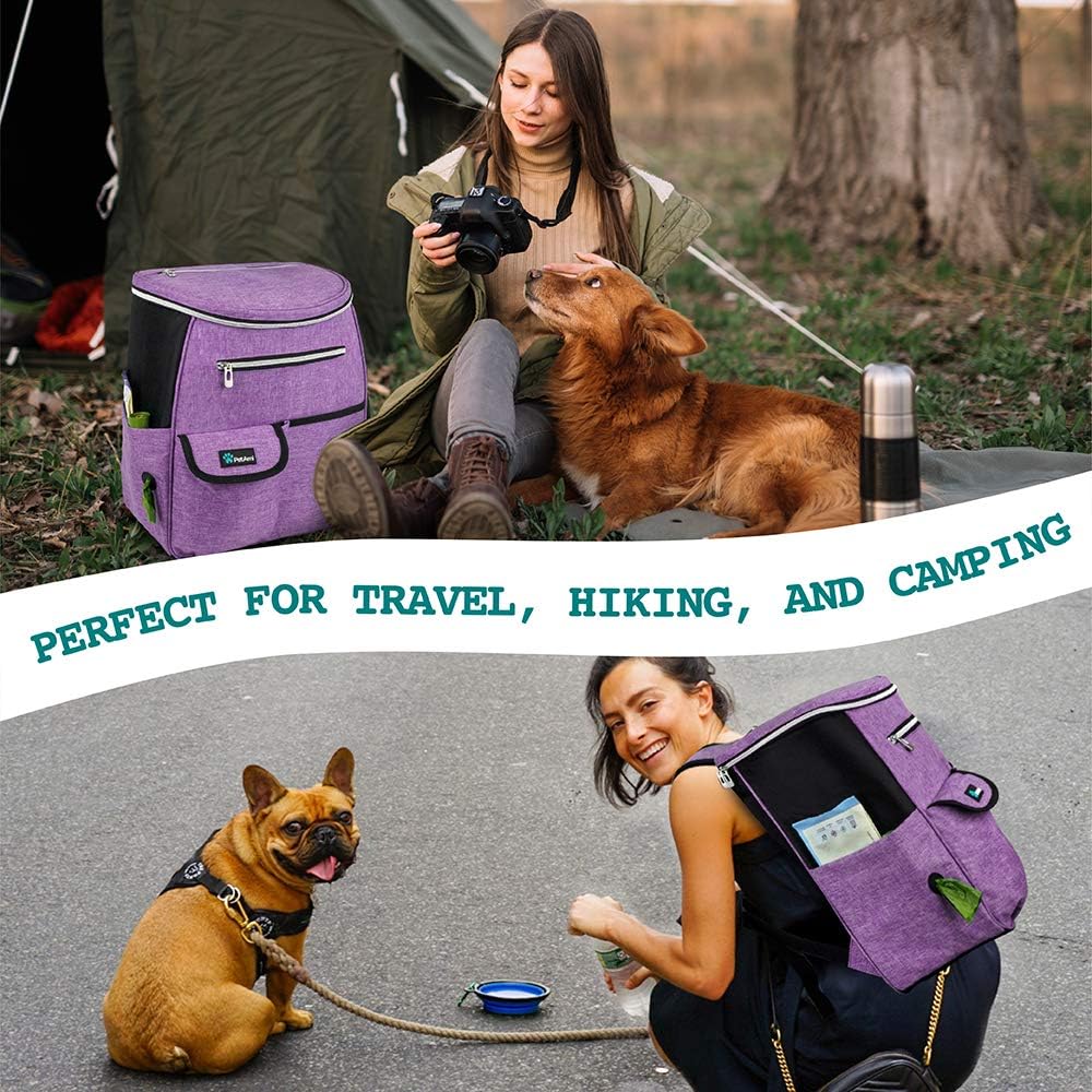 Airline Approved 27L Dog Travel Backpack with Food Containers, Collapsible Bowls, and Poop Bag Dispenser - Ideal for Weekend Road Trips and Camping, Purple