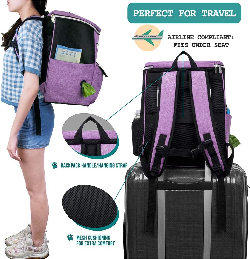 Airline Approved 27L Dog Travel Backpack with Food Containers, Collapsible Bowls, and Poop Bag Dispenser - Ideal for Weekend Road Trips and Camping, Purple