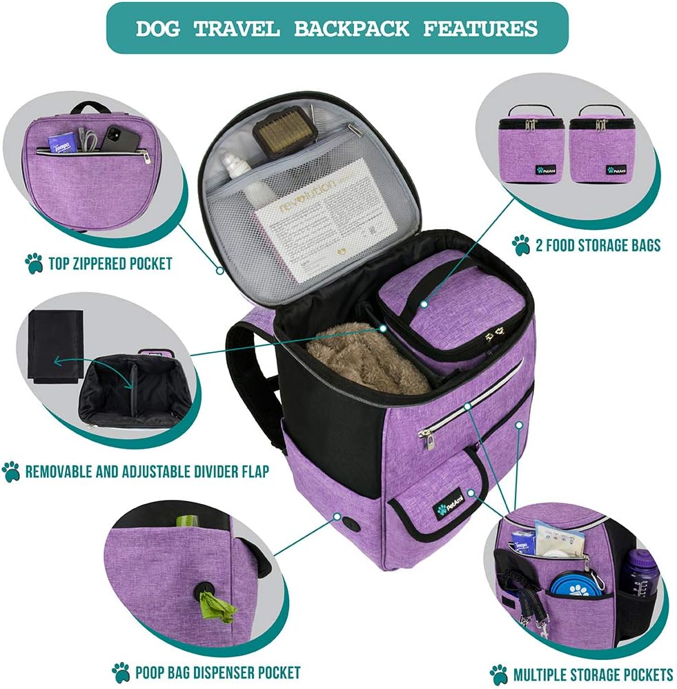 Airline Approved 27L Dog Travel Backpack with Food Containers, Collapsible Bowls, and Poop Bag Dispenser - Ideal for Weekend Road Trips and Camping, Purple