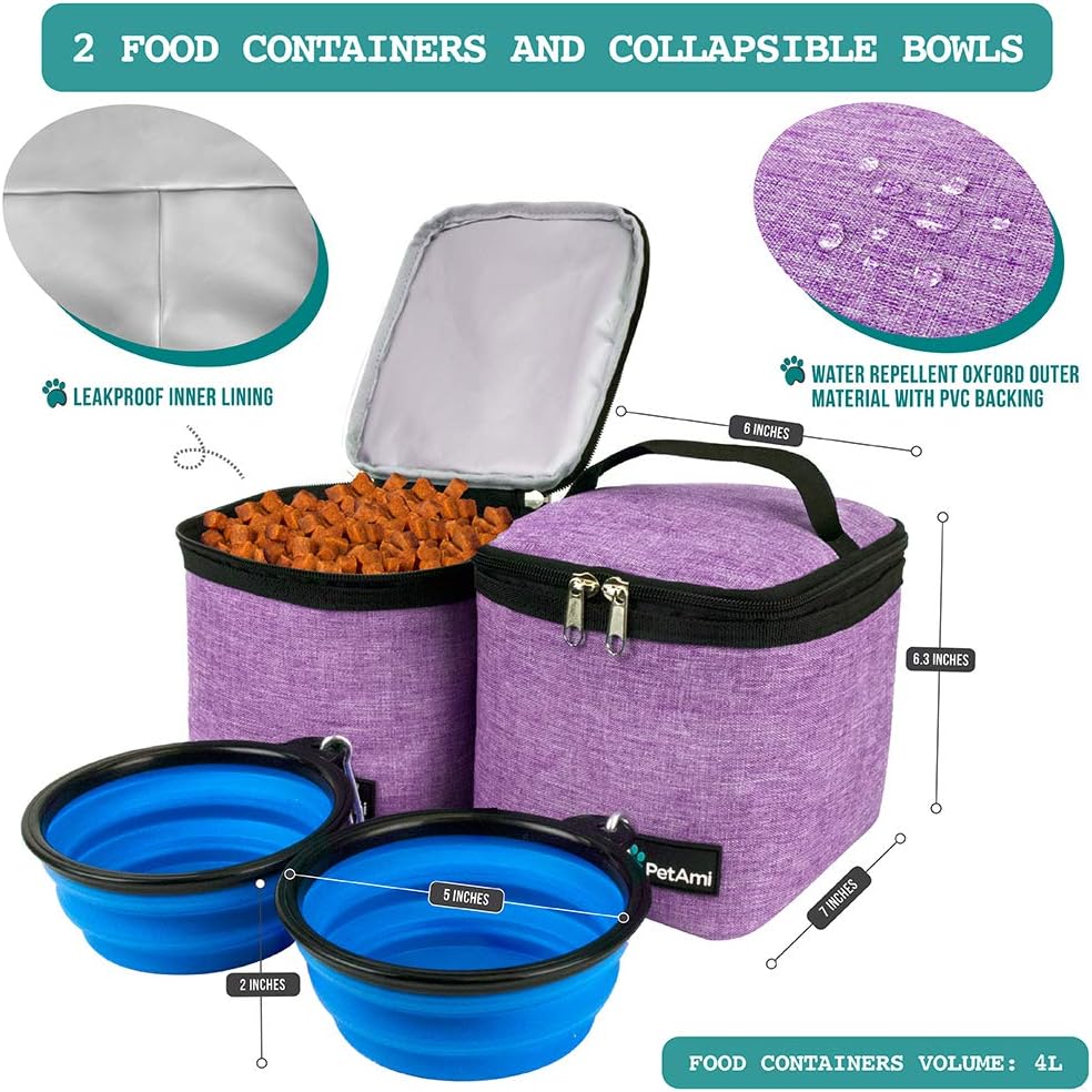 Airline Approved 27L Dog Travel Backpack with Food Containers, Collapsible Bowls, and Poop Bag Dispenser - Ideal for Weekend Road Trips and Camping, Purple