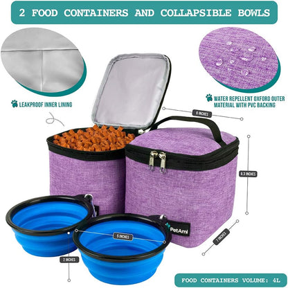 Airline Approved 27L Dog Travel Backpack with Food Containers, Collapsible Bowls, and Poop Bag Dispenser - Ideal for Weekend Road Trips and Camping, Purple