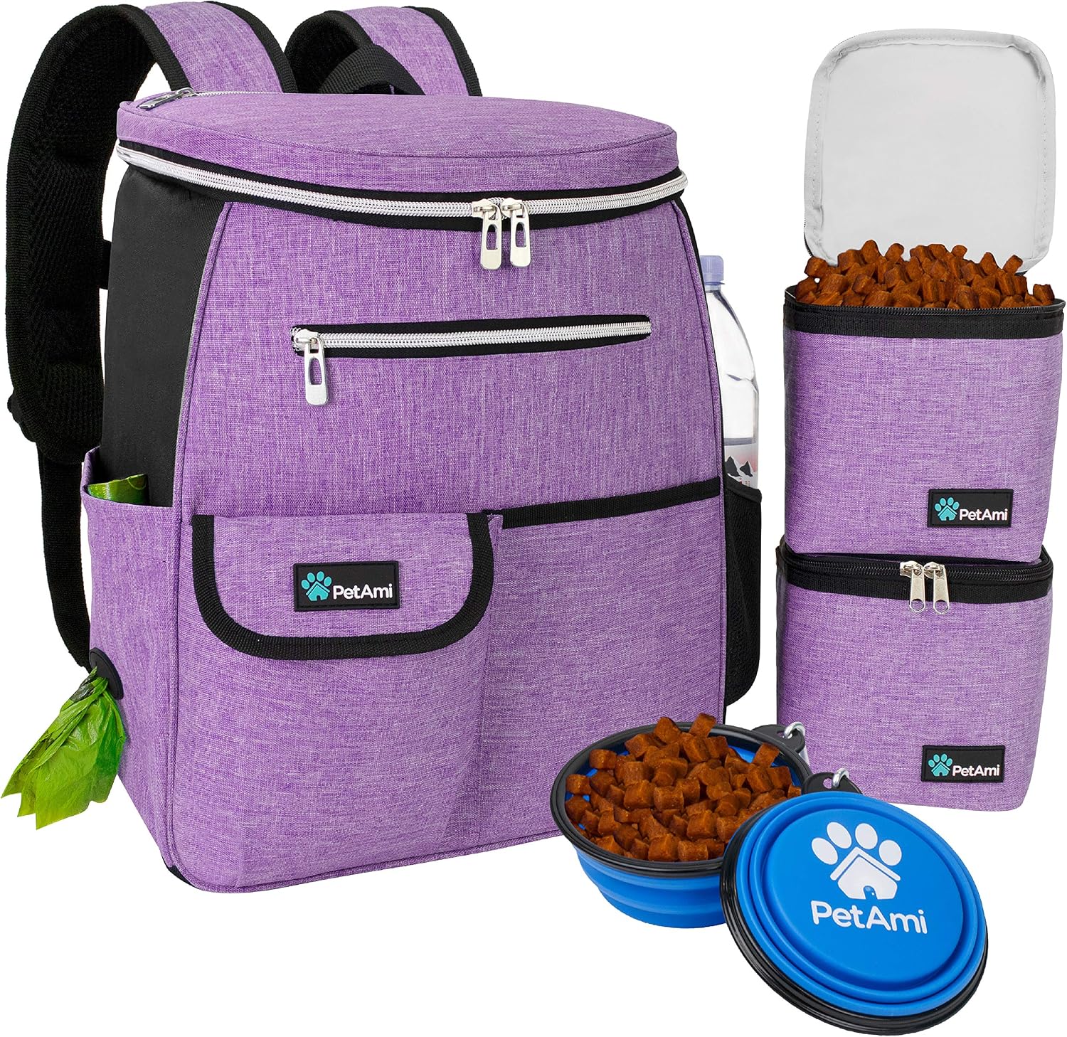 Airline Approved 27L Dog Travel Backpack with Food Containers, Collapsible Bowls, and Poop Bag Dispenser - Ideal for Weekend Road Trips and Camping, Purple