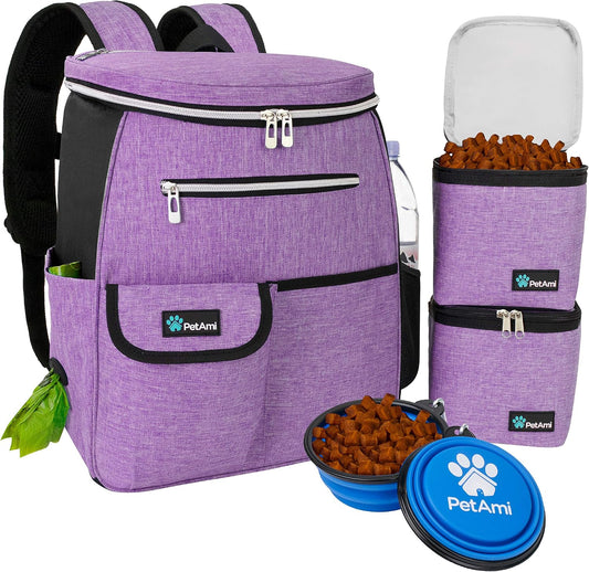 Airline Approved 27L Dog Travel Backpack with Food Containers, Collapsible Bowls, and Poop Bag Dispenser - Ideal for Weekend Road Trips and Camping, Purple